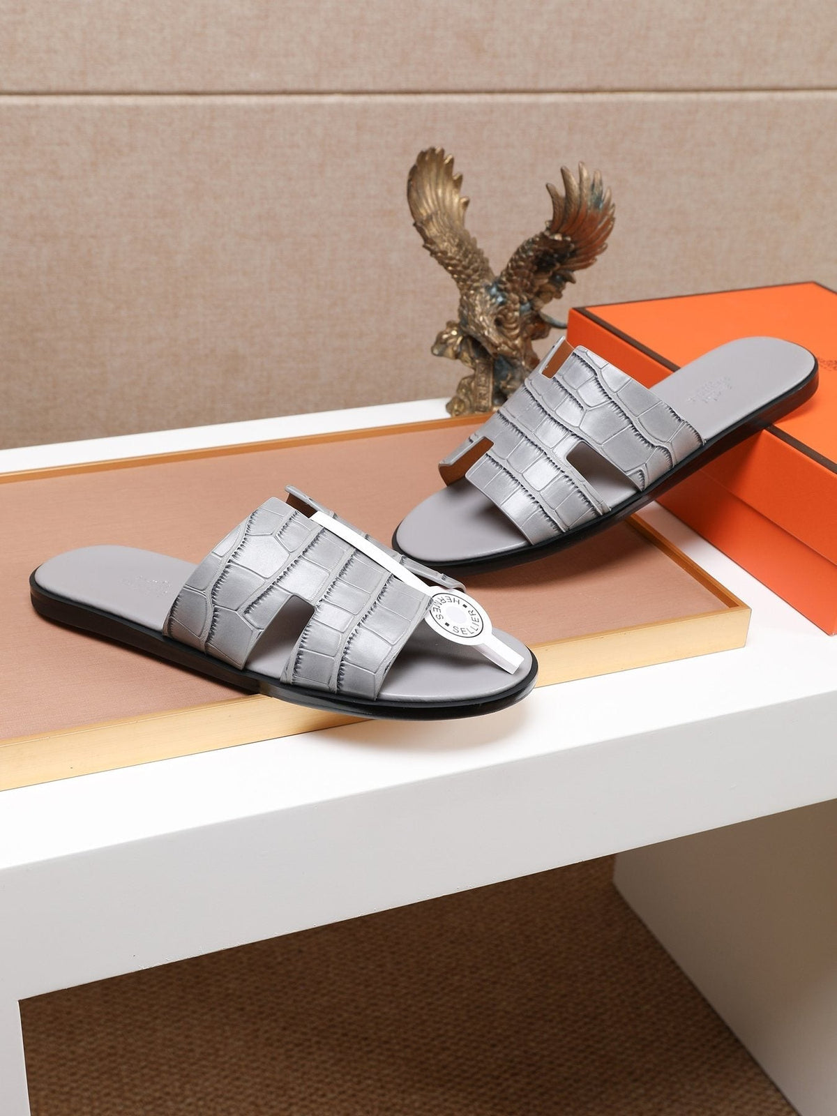 Hermes Textured H Slide Sandals